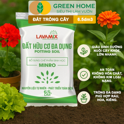 Đất Trồng Cây GreenHome, Lavamix, Bao 6.5dm3 (3kg), Đầy Đủ Dinh Dưỡng, Chuyên Trồng Rau, Hoa, Kiểng