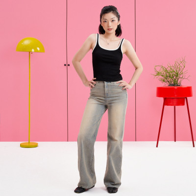 DOTTIE - Quần Jean Wash ống suông - Xanh nhạt wash vàng - Q0326