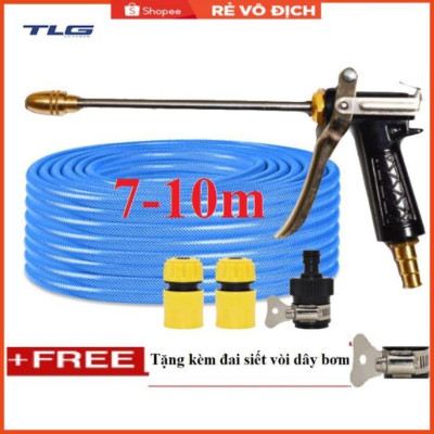 Bộ dây vòi xịt nước rửa xe, tưới cây . tăng áp 3 lần, loại 7m, 10m 206318 đầu đồng,cút,nối đen+ tặng đai