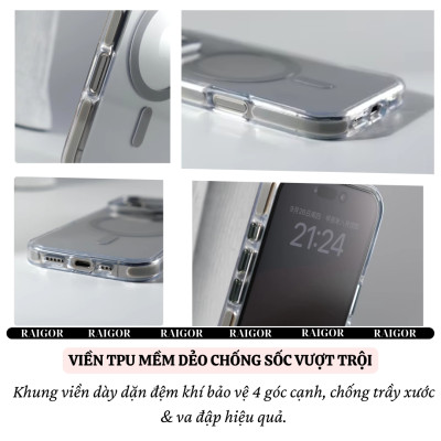 Ốp lưng chống sốc cho iPhone 16 Pro Max iP 15 Pro Max sạc không dây từ tính viền bảo vệ camera kiêm giá đỡ trong suốt hiệu Raigor Rita - Hàng nhập khẩu