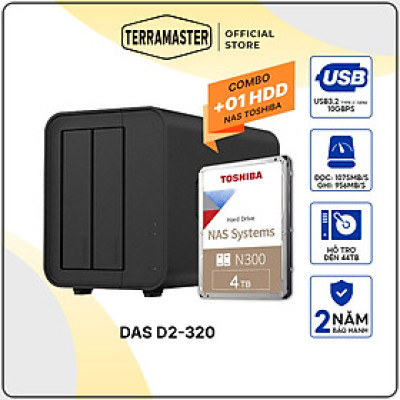 Combo thiết bị lưu trữ DAS TerraMaster D2-320 kèm ổ cứng NAS Toshiba N300 24/7 Hàng chính hãng