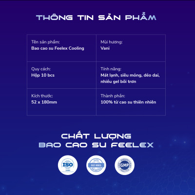 Bao cao su nam Feelex xanh Cooling, mỏng, nhiều gel bôi trơn, cảm giác mát lạnh - Hộp 10 bcs