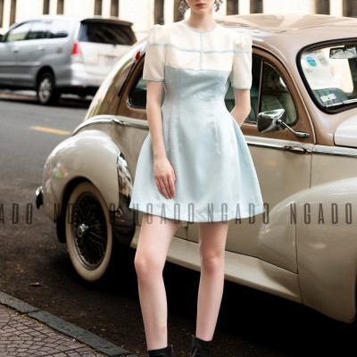 Đầm xanh mint phối trắng NGADO , đầm nữ , Đầm ngắn trẻ trung , Đầm thiết kế