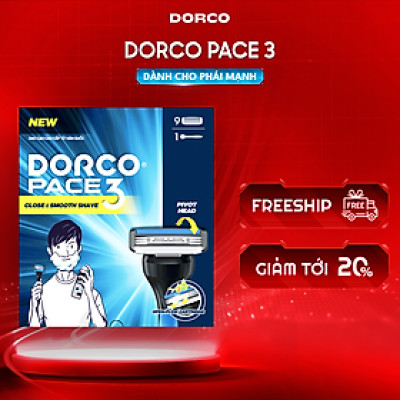 DORCO PACE 3 - Dao Cạo Râu 3 Lưỡi - Hộp Gồm 1 Cán và 9 Đầu Cạo