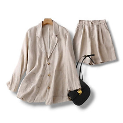 Set bộ đồ công sở gồm áo blazer tay dài và 1 quần short form chữ A màu be tiêu siêu tôn dáng trắng da, phong cách 2025 (bz04+qd22)