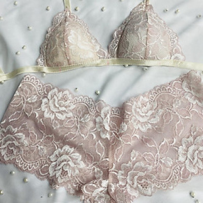 Bộ Nội Y Thiết Kế Ren Cao Cấp Trắng Hồng nhạt Có Mút Quần Đùi