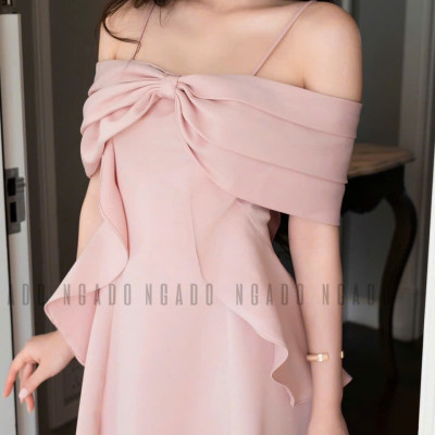 Đầm hồng 2 dây trễ vai NGADO , đầm dài , đầm dự tiệc
