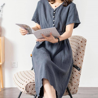 Đầm linen dáng suông cổ V , Đầm sơ mi ngắn tay nhún eo, mặc đi chơi, đi làm Haint Boutique Da173