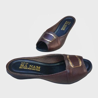 Dép Quai Ngang Nữ Đế Xuồng HÀ NAM Da Bò Thật Cao Cấp 4cm DNU2095