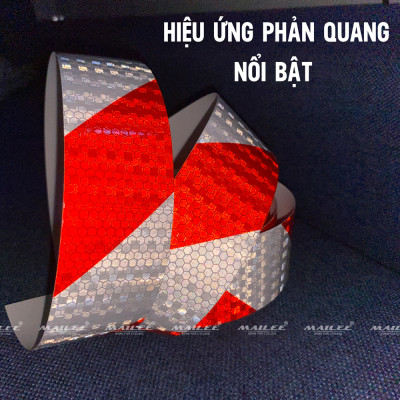 Cuộn Decan Phản Quang Dán Xe Tải Xe Rơ Mooc Mai Lee PQ-25DTS (25m x 5cm) Màu Đỏ Trắng Sọc Chéo, An Toàn Ban Đêm, Chất liệu PVC chống thấm nước