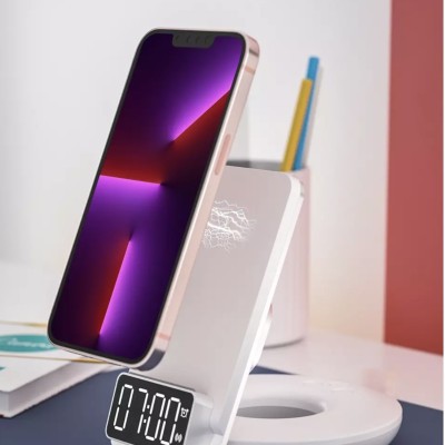 Sạc Wiwu Automatic Positioning 4in1 M11 Dành Cho Điện Thoại Hỗ Trợ Sạc Nhanh Không Dây,  Có Đồng Hồ Báo Thức - Hàng Chính Hãng