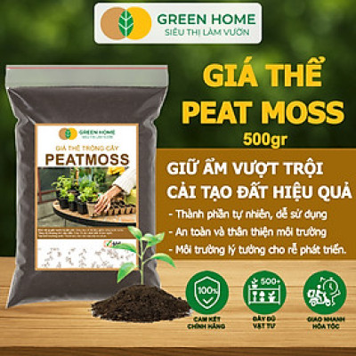 Rêu Than Bùn Peatmoss Greenhome, Bao 500gr, Giá Thể, Cân Bằng Ẩm, Trộn Đất Trồng Sen Đá, Kiểng Lá, Hoa Hồng, Ươm Hạt Giống