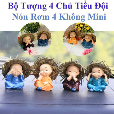 Bộ Tượng Bốn Chú Tiểu Đội Nón Rơm 4 Không Mini Decor Phòng Trang Trí Nhà
