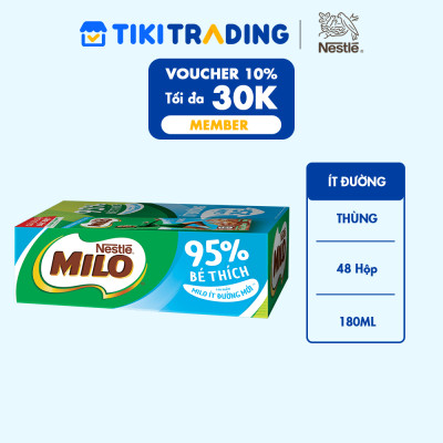 Thùng 48 Hộp Sữa Nestlé Milo Ít Đường (180ml/ Hộp)