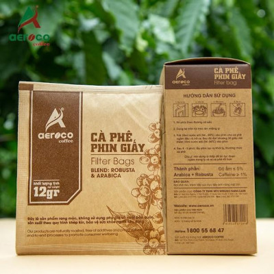[Hộp 10 túi*12g] Cà phê phin giấy AEROCO nguyên chất 100% rang mộc hậu vị ngọt thơm quyến rũ