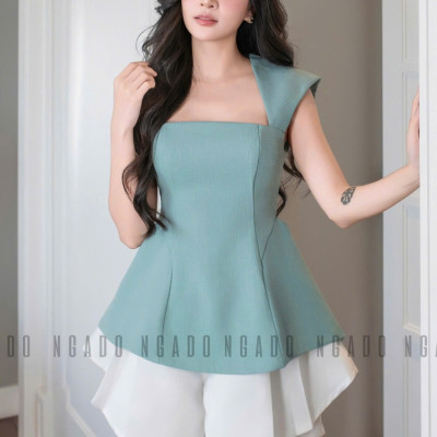 Áo xanh mint chiết eo NGADO , áo kiểu , áo chiết eo