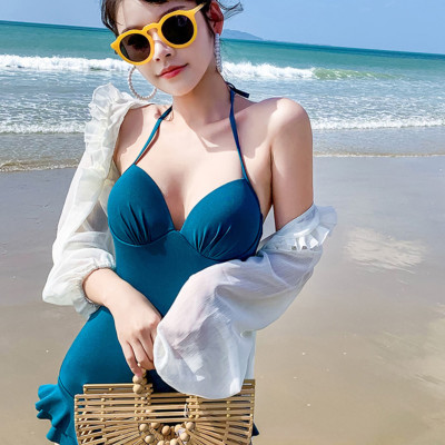 Bộ đồ bơi bikini nữ 1 mảnh đi tắm biển màu xanh kèm áo croptop trắng sang chảnh tôn dáng phong cách Hàn quốc - B04