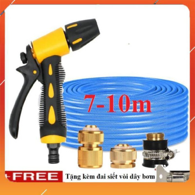 Vòi Xịt️Evoucher Bộ dây vòi xịt nước rửa xe, tưới cây , tăng áp 3 lần, loại 7m, 10m 206319 đầu đồng,cút đồng+  đai